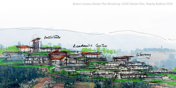 Igishushanyo mbonera kigaragaza uko University og Global health Equity izaba yubatse ku musozi uri mu Murenge wa Butaro.