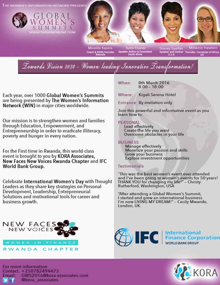 Inama y'Abagore ku rwego rw'Isi izabera i Kigali mu Rwanda, tariki 8 Werurwe 2016.