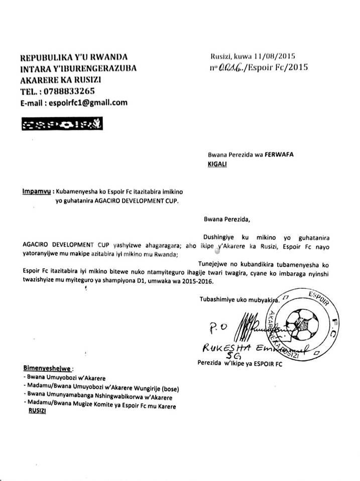 Ibaruwa Espoir yandikiye FERWAFA