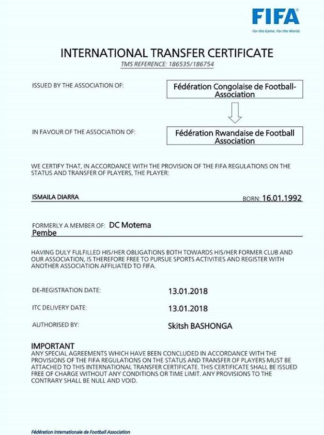 Icyangombwa cya FIFA cyemerera Diarra kuba umukinnyi wa Rayons 