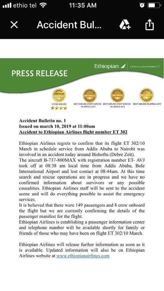 Itangazo rya sosiyete Ethipian airlines ritangaza iby'iyi mpanuka