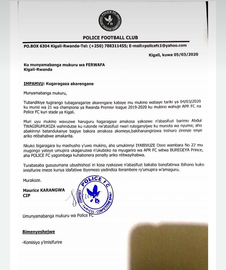 Ibaruwa Police FC yanditse isaba kurenganurwa