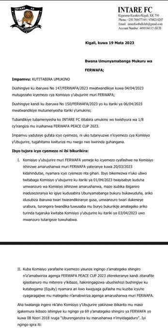 Ibaruwa Intare FC yanditse