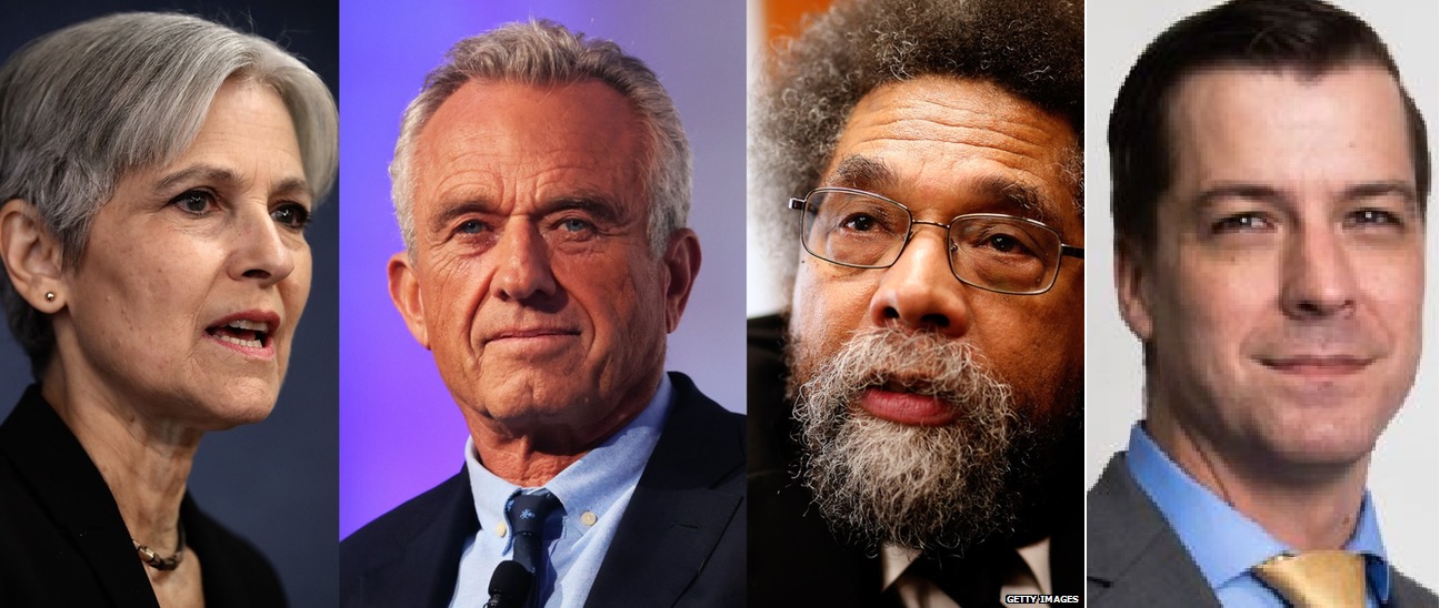 Uhereye ibumoso: Jill Stein wa Green Party, Robert F. Kennedy Jr wavuyemo, Cornel West, na Chase Oliver wa Libertarian Party