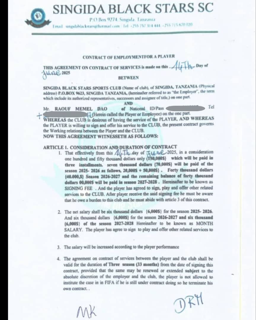 Ibyo Singida Black yagombaga kwishyura kuri Raouf Memel Dao 