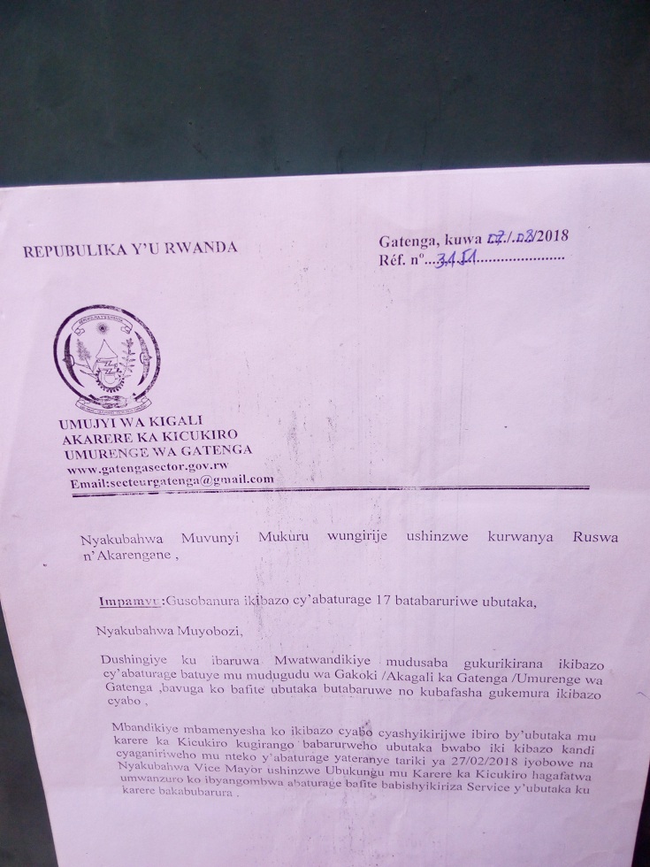 Ibaruwa umurenge wanditse usobanura ikibazo cyabo