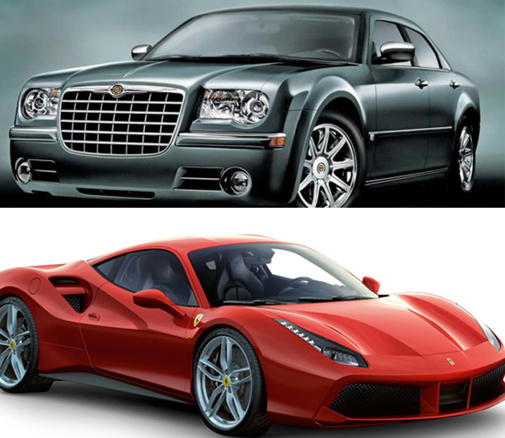Chrysler (yo hejuru) ibarirwa muri miliyoni 50Frw utabariyemo imisoro, mu gihe Ferrari (hasi) ibarirwa muri miliyoni 100 udashyizemo imisoro.