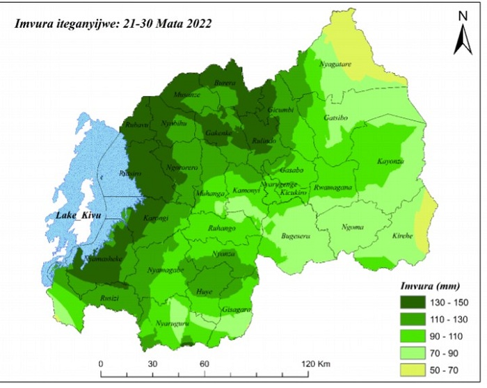 Ikarita igaragaza uko imvura izaba ingana mu gihugu, ahari icyatsi cyijimye ni ho hazagwa nyinshi, ahari ibara ry