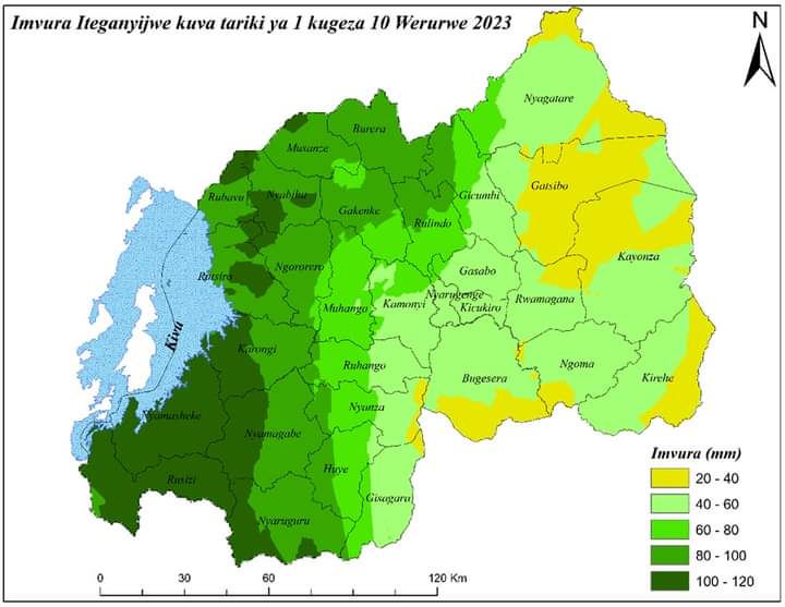 Ikarita igaragaza uko imvura izaba ingana guhera ku ibara ry