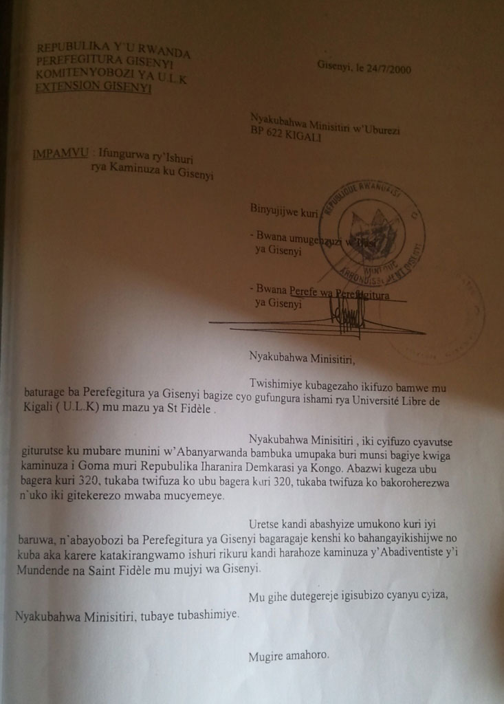 Inyandiko abagize akanama nyobozi ka ULK/Gisenyi bandikiye Minisitiri ifatwa nk