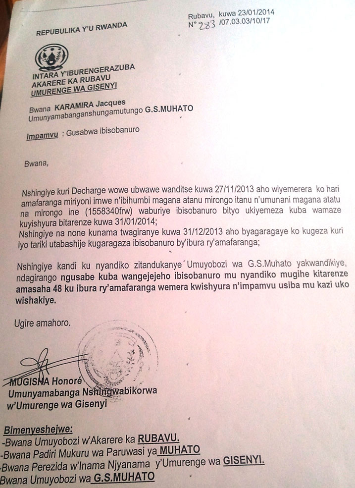 Inyandiko ubuyobozi bw'umurenge bwandikiye Karamira bumusaba ibisobanuro.