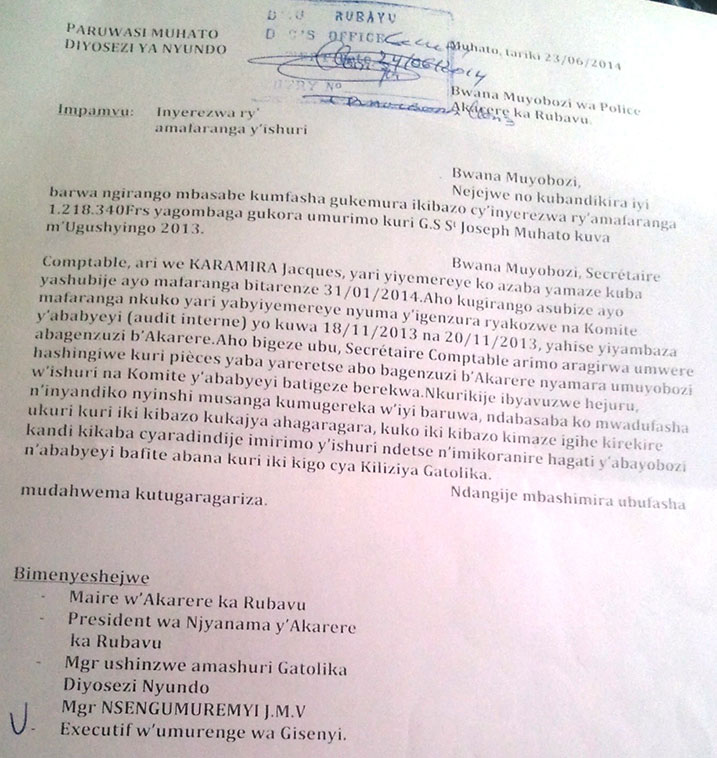 Inyandiko ubuyobozi bwa Paroisse bwandikiye Polisi busaba gukurikirana iki kibazo.