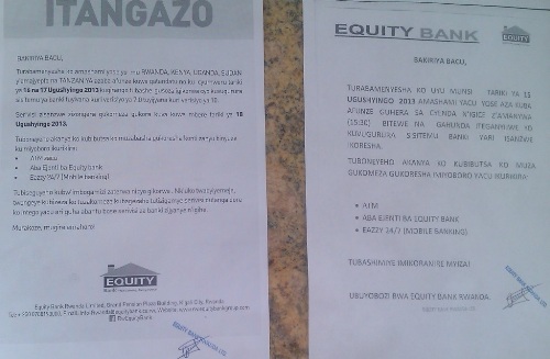 Itangazo Equity Bank yashyize ahagaragara ivuga ko itazakora mu minsi itatu.