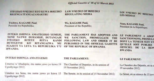 Itegeko rishya rigenga itengazamakuru mu Rwanda ryasohotse muri Werurwe 2013.