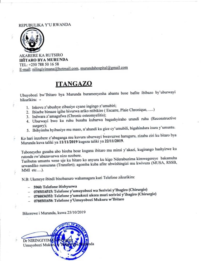 Itangazo rihamagarira abafite indwara zisaba kubagwa kujya guhura n'inzobere mu bitaro bya Murunda