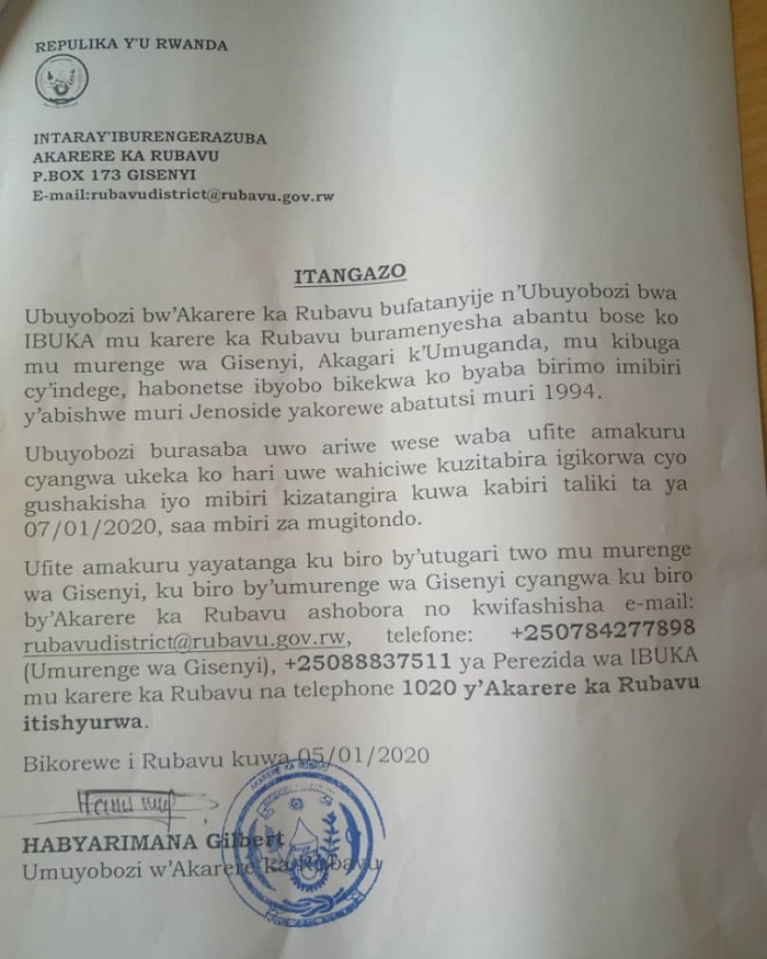 Itangazo rihamagarira abaturage gutanga amakuru