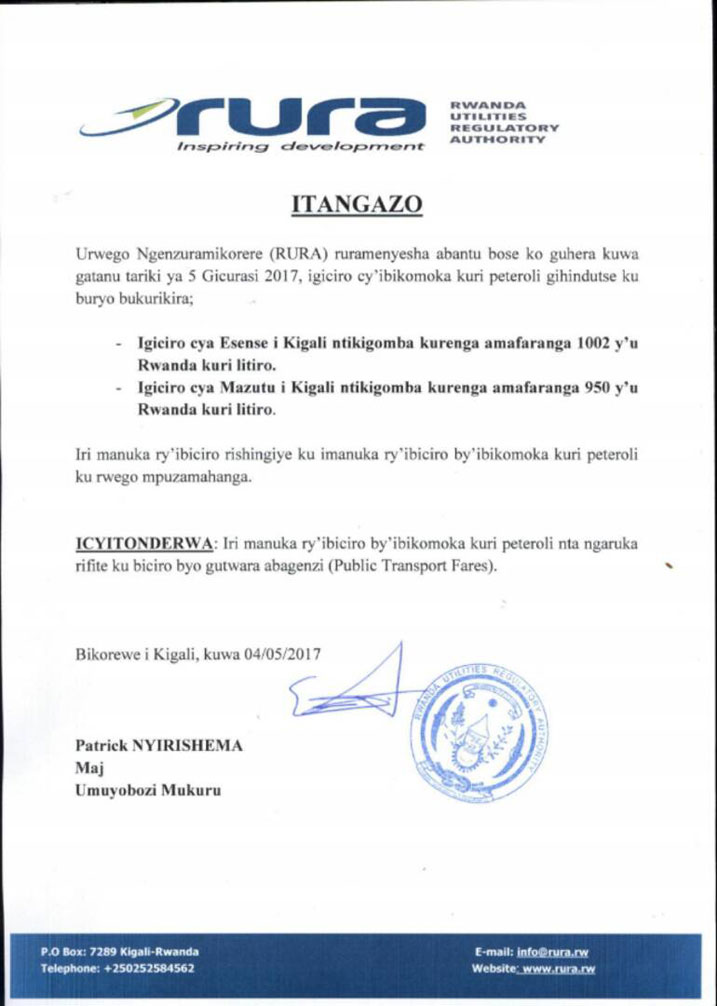 Itangazo rigaragaza ibiciro bishya by'ibikomoka kuri Peteroli