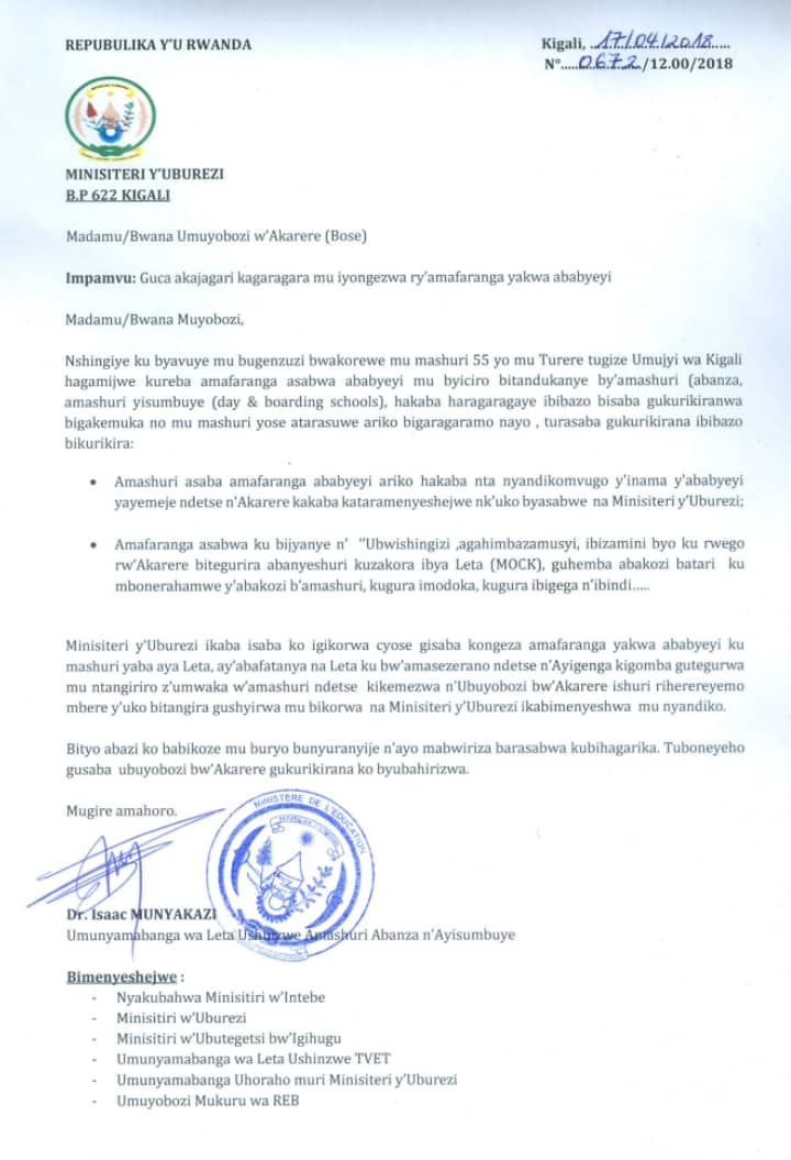 Itangazo rya MINEDUC risaba ibigo by'amashuri gucika ku ngeso yo kongera amafaranga mu buryo budasobanutse