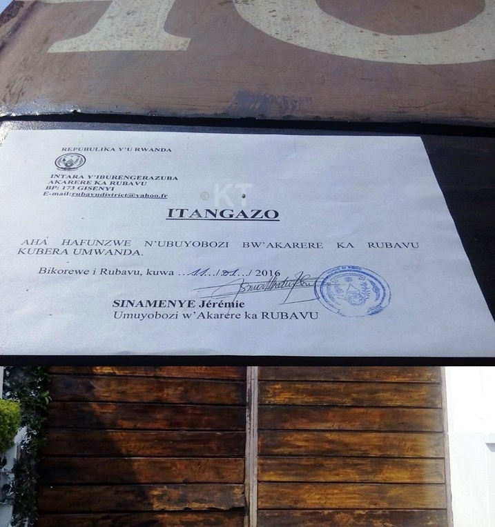 Itangazo ryashyizwe kuri STIPP Hotel riyifunga.