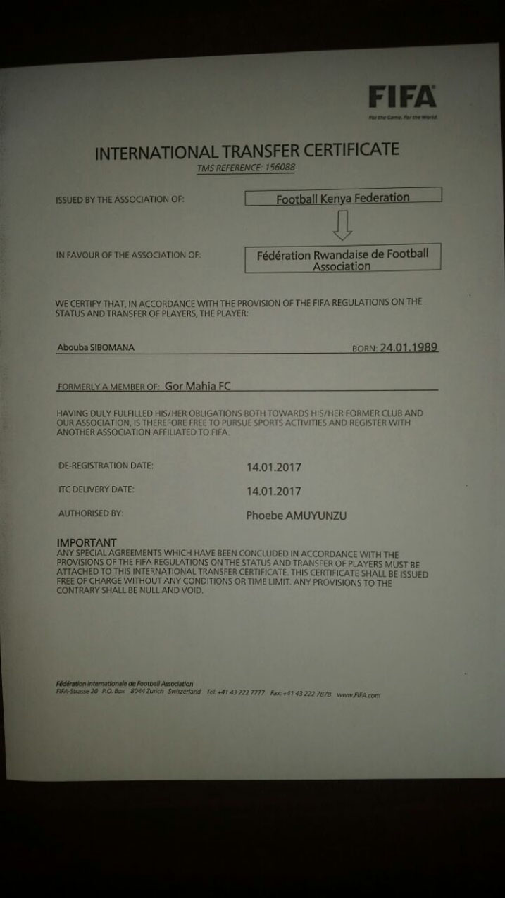 Ibyangombwa byavuye muri FIFA byemerera Abouba gukira Rayon Sports