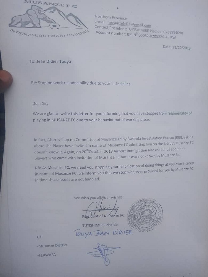 Ibaruwa yandikiwe Jean Didier Touya