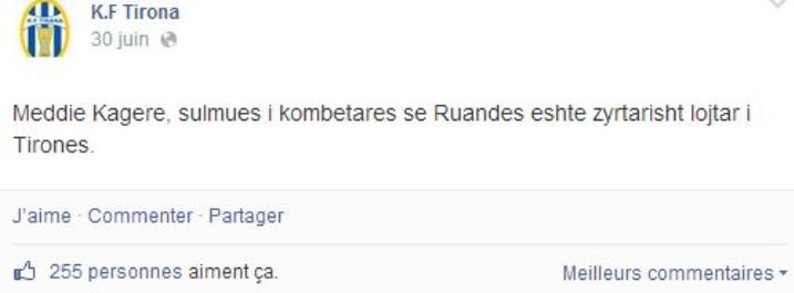 KF Tirana yari yakiranye impundu kuza kwa Kagere
