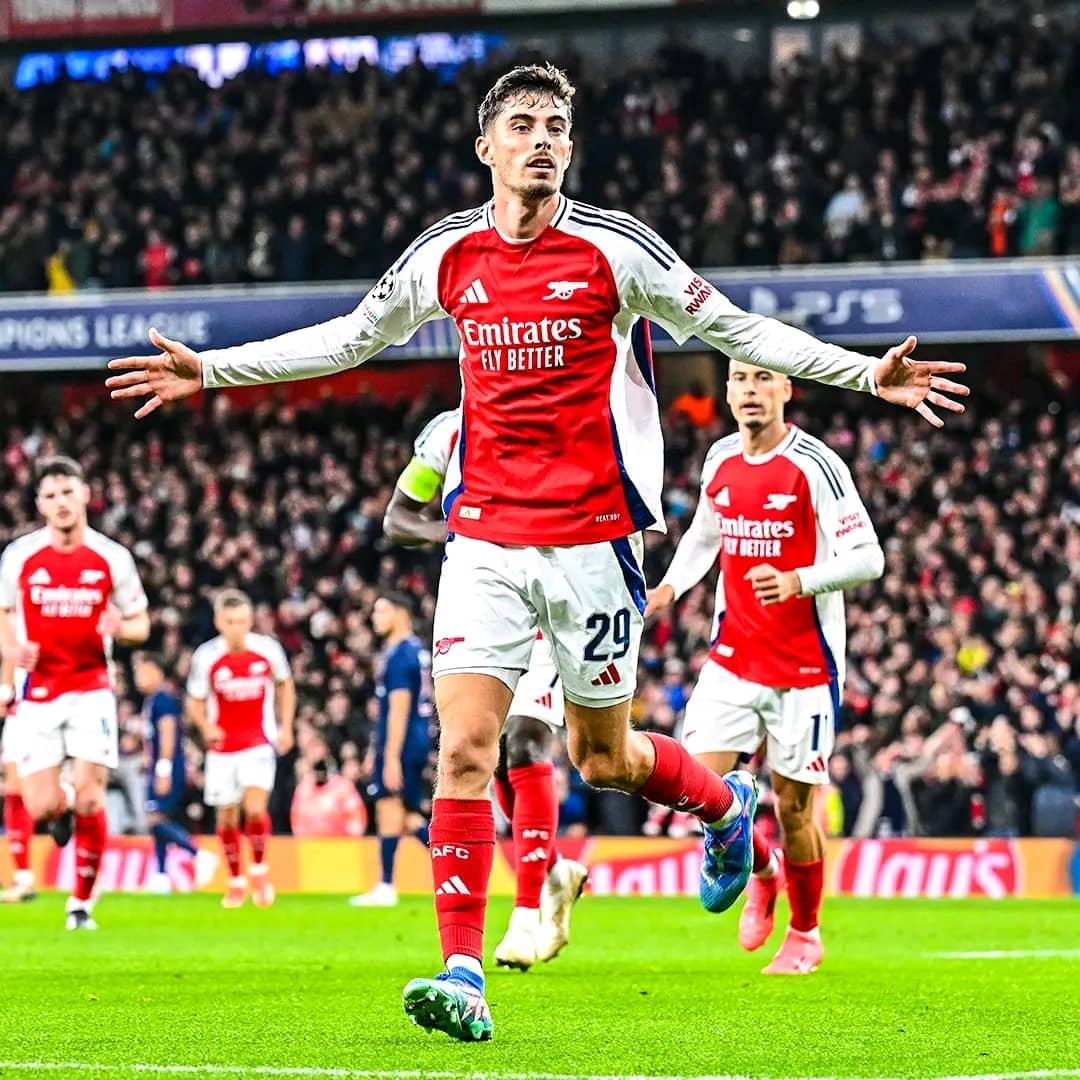 Kai Havertz wa Arsenal yishimira igitego yatsinze Paris Saint-Germain