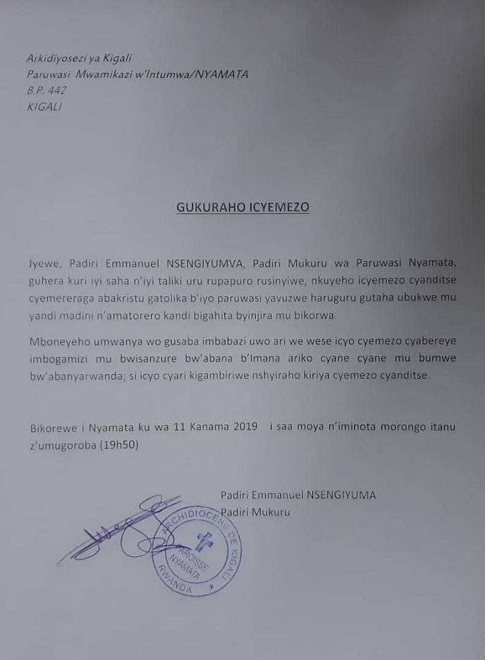 Iyi ni yo baruwa ya Padiri Emmanuel Nsengiyumva asaba imbabazi 