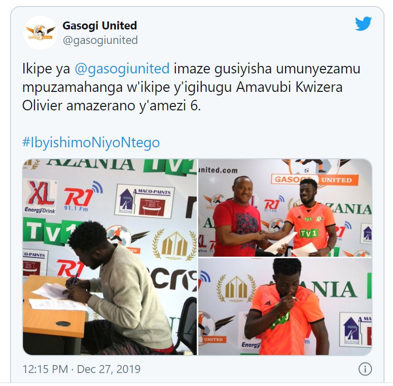Uyu munyezamu yari yasinyiye Gasogi amasezerano y'amezi atandatu tariki 27/12/2019