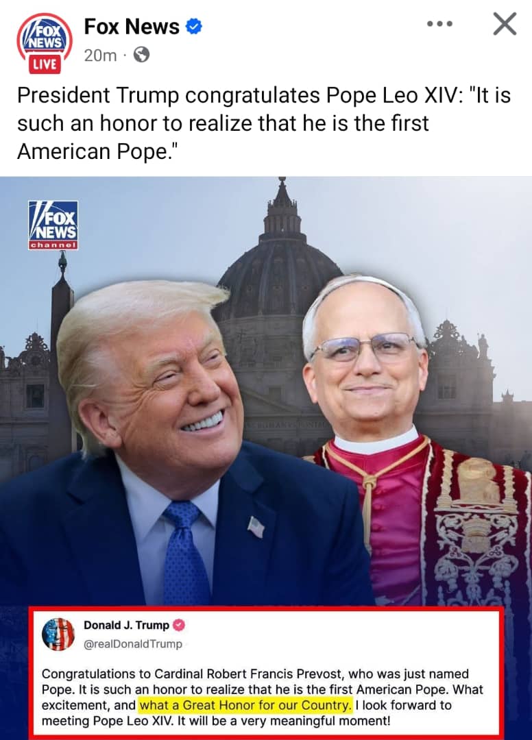 Perezida Trump yashimiye Papa Leo XIV