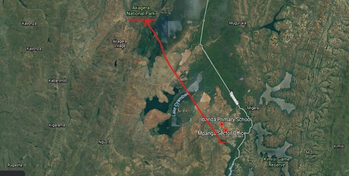 Kuva aho ishyamba rya Makera riherereye muri Mpanga kugera kuri Pariki y'Akagera hari intera ya Km 30