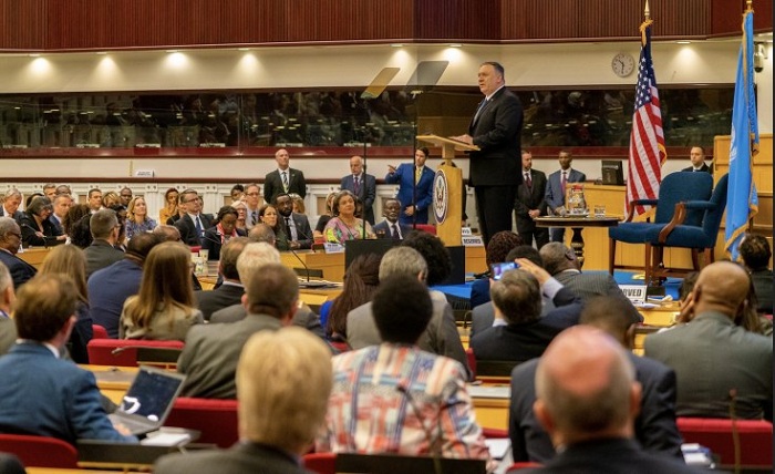 Umunyamabanga wa Leta muri Amerika, Mike Pompeo, aha yari i Addis Ababa muri Ethiopia ageza ijambo kuri Komisiyo y