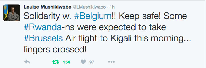 Minisitiri w'Ububanyi n'Amahanga w'u Rwanda, Louise Mushikiwabo, yihanganishije Ububiligi abubwira ko u Rwanda rwifatanyije na bo.