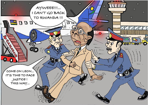 Igishushanyo kigerageza kwerekana Mugesera yanga koherezwa mu Rwanda.