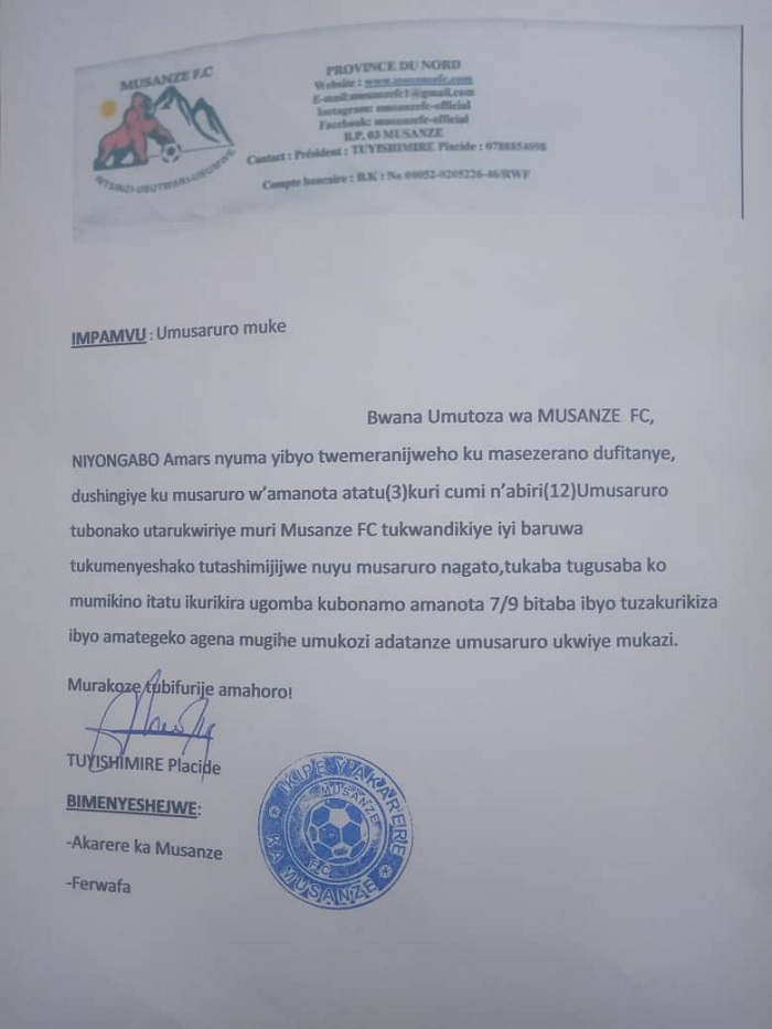 Ibaruwa yandikiwe umutoza