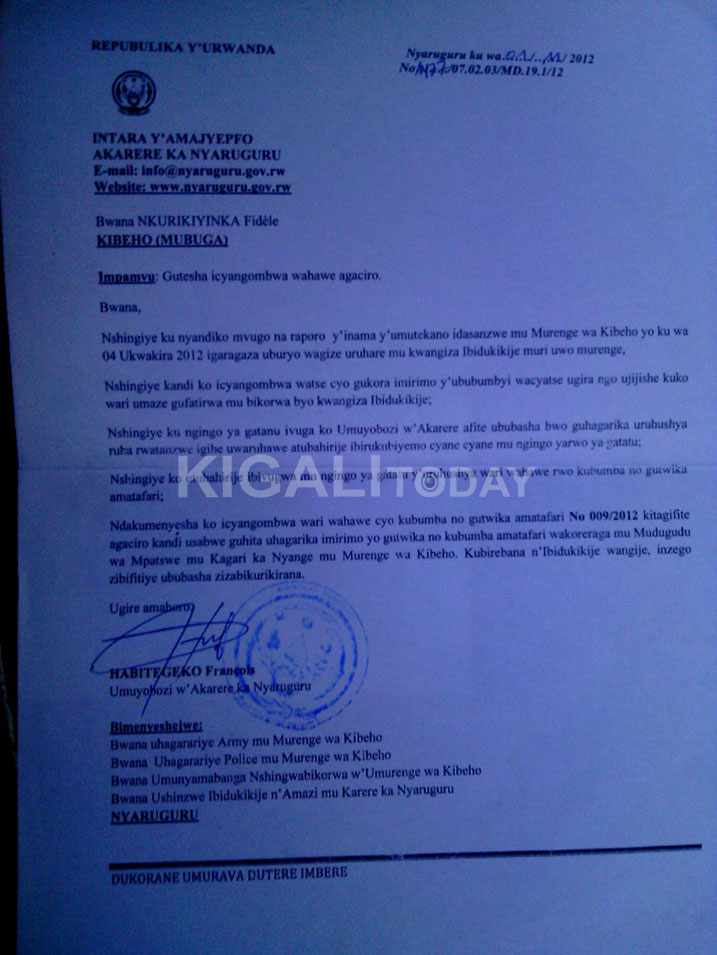 Ibaruwa iteshwa agaciro ishingira ku myanzuro yakozwe mbere y'uko ahabwa icyangombwa.