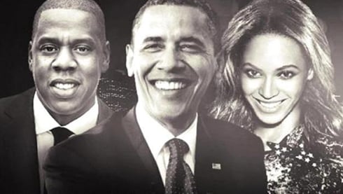 Perezida Barack Obama (hagati) Jay-Z (ibumoso), na Beyonce (Iburyo).