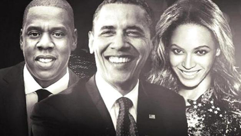 Perezida Barack Obama (hagati) Jay-Z (ibumoso), na Beyonce (Iburyo).