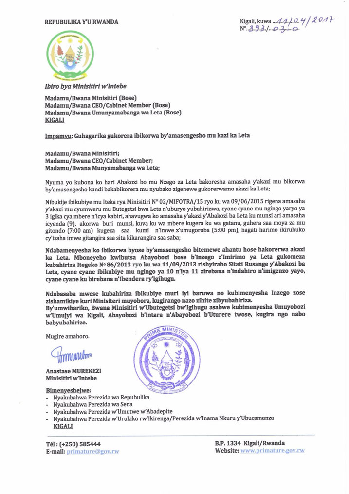 Iryo tangazo ryashyizwemo umukono na Minisitiri w'Intebe 