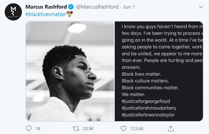 Marcus Rashford na we ari mu bashenguwe n'uru rupfu, yongera kwibutsa ko ubuzima bw'abairabura bufite agaciro