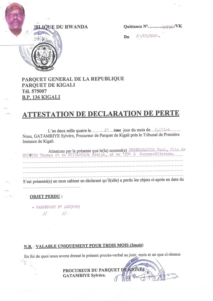 Icyemezo cy'uko Rusesabagina yari yarataye Pasiporo yahawe mbere