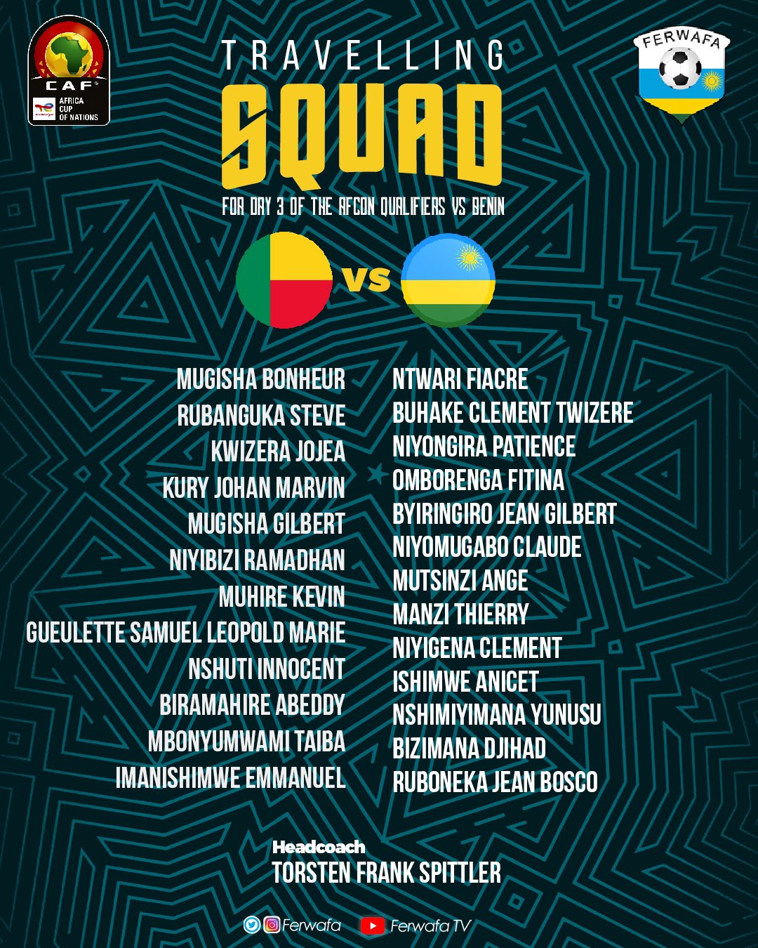 Abakinnyi 25 bahagurukanye n'Amavubi berekeza muri Côte d'Ivoire aho bagiye guhatana na Benin mu mukino wo gushaka itike y'igikombe cya Afurika