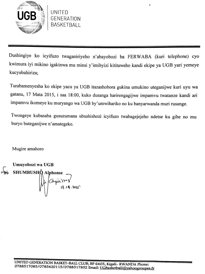 UGB yanditse ihakana ko itazakina uwo mukino