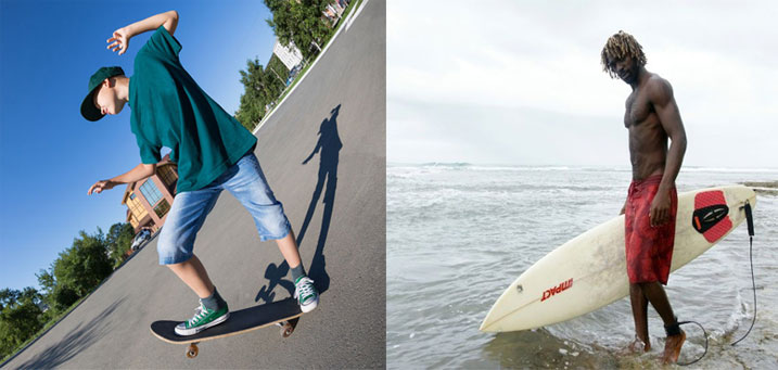 Skate Board nk'iyo Kitoko yakoresheje muri Video (ibumoso), ikoreshwa muri kaburimbo, mu gihe Surf Board (iburyo) ikoreshwa ku mazi.