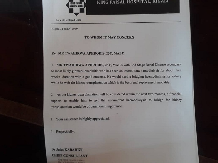 Icyemezo cy'ibitaro kimenyesha abantu ko Twahirwa Aphrodis arwaye impyiko ku buryo uwashaka kumufasha wese atamugiraho impungenge