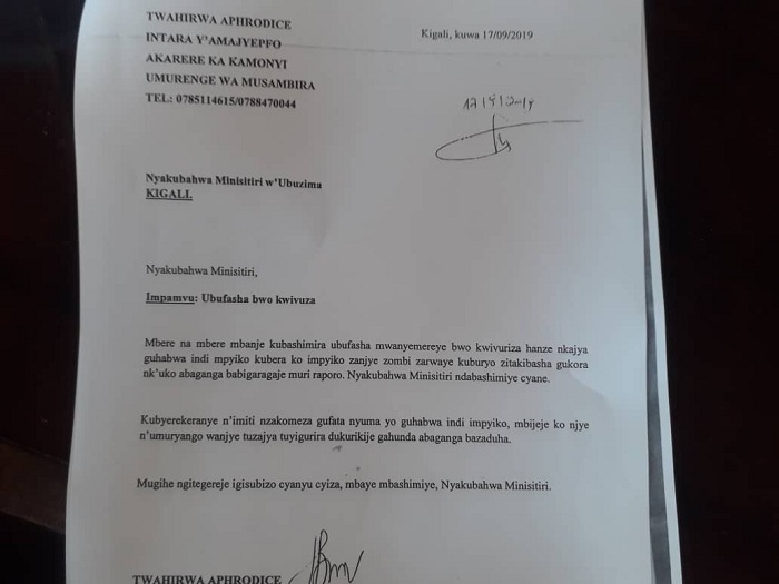 Ibaruwa ya Twahirwa yasabaga Minisiteri y'ubuzima ubufasha bwo kuvuzwa impyiko