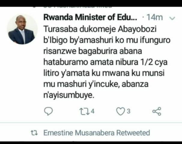 tweet ya minisitiri w'uburezi yo muri Mutarama 2019 isaba ibigo guha byibura inusu y'amata buri mwana buri munsi