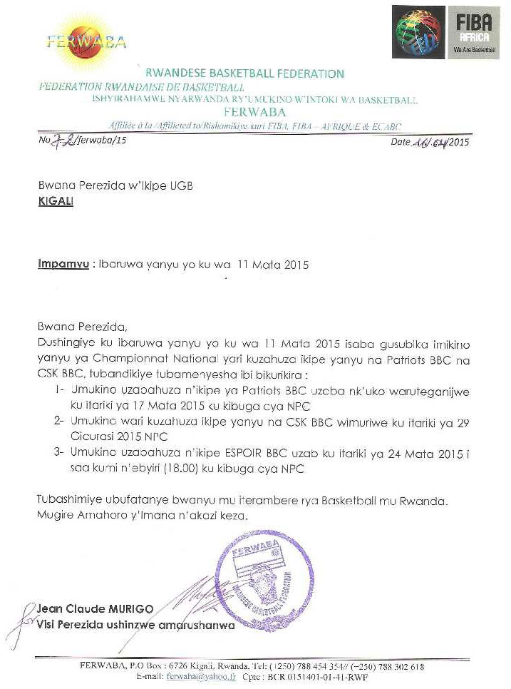 UGB ivuga ko FERWABA yayisubije habura umunsi umwe ngo umukino ube