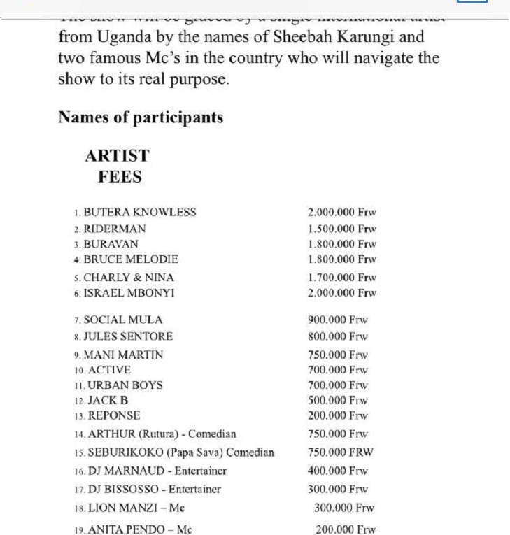 Uku niko aba bahanzi bazahembwa muri iki gitaramo cyanatumiwe mo umuhanzi Sheebah Karungi