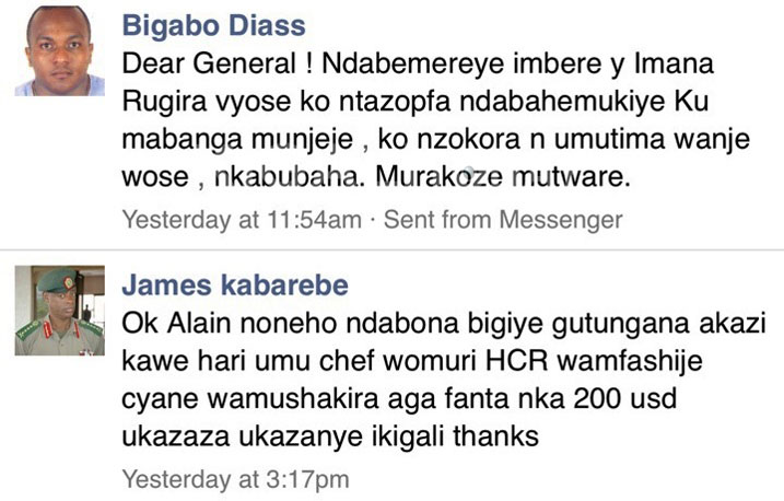 Umwe mu bantu bandikiranye kuri facebook na Mugema wiyitaga Gen Kabarebe, akamubeshya ko hari umuntu yamutereteye ngo azamuhe akazi.